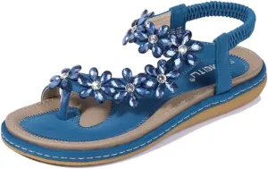 HNGHOU Women's Summer Sandals Casual Comfortable Bohemia Beach Flat Sandals Open Toe Ankle Crystal Gladiator Shoes