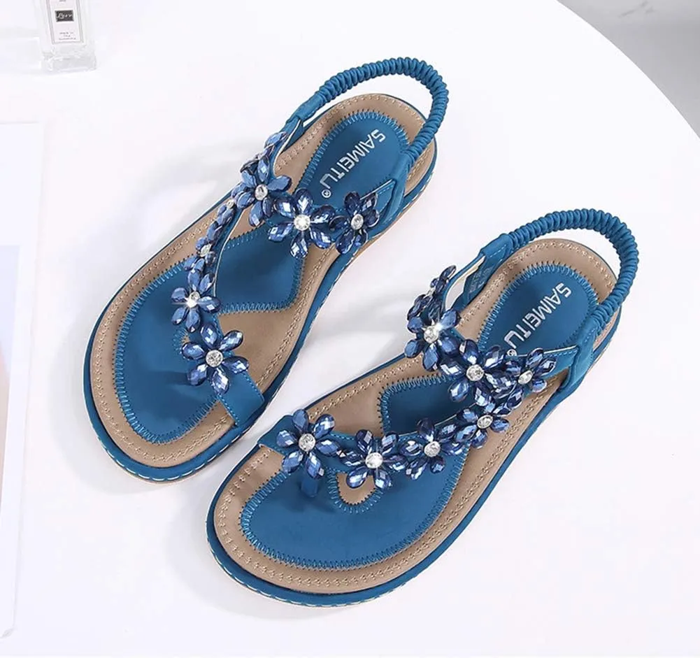 HNGHOU Women's Summer Sandals Casual Comfortable Bohemia Beach Flat Sandals Open Toe Ankle Crystal Gladiator Shoes
