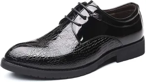 HOOENG Dress Oxford Shoes for Men Lace Up Crocodile Embossed Round Toe Derby Shoes Patent Leather Low Top Rubber Sole Block Heel Non Slip Resistant Prom (Color : Black, Size : 9)