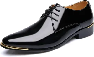HOOENG Dress Oxford Shoes for Men Lace Up Shiny Round Toe Derby Shoes Patent Leather Non Slip Rubber Sole Block Heel Low Top Business (Color : Black, Size : 8)