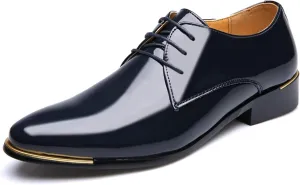 HOOENG Dress Oxford Shoes for Men Lace Up Shiny Round Toe Derby Shoes Patent Leather Non Slip Rubber Sole Block Heel Low Top Business (Color : Blue, Size : 8.5)