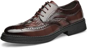 HOOENG Formal Oxford Shoes for Men Lace Up Derby Shoes Brogue Embossed Wing Tip Crocodile Embossed Leather Anti-Slip Non Slip Low Top Rubber Sole Business (Color : Brown, Size : 8)