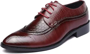 HOOENG Oxford Shoes for Men Lace Up Brogue Embossed Crocodile Embossed PU Leather Low Top Block Heel Slip Resistant Business (Color : Red, Size : 7)