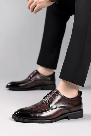 HOOENG Oxford Shoes for Men Lace Up Round Burnished Toe Brogue Embossed Crocodile Print Derby Shoes Block Heel Non Slip Resistant Party (Color : Brown, Size : 9)