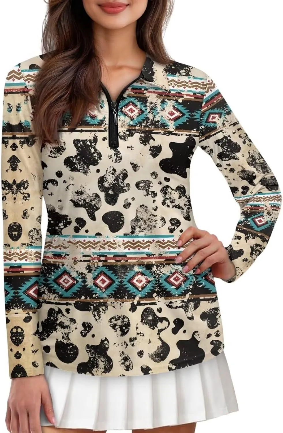 Horeset Western Aztec Quarter Zip Pullover Women Long Sleeve Cow Spot Print Workout Tops Casual Golf Shirt Novelty Sportswear for Hiking Jogging Wear