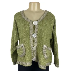 Hot Knots Green Knitted Cardigan With Gingham Accents & Large Buttons