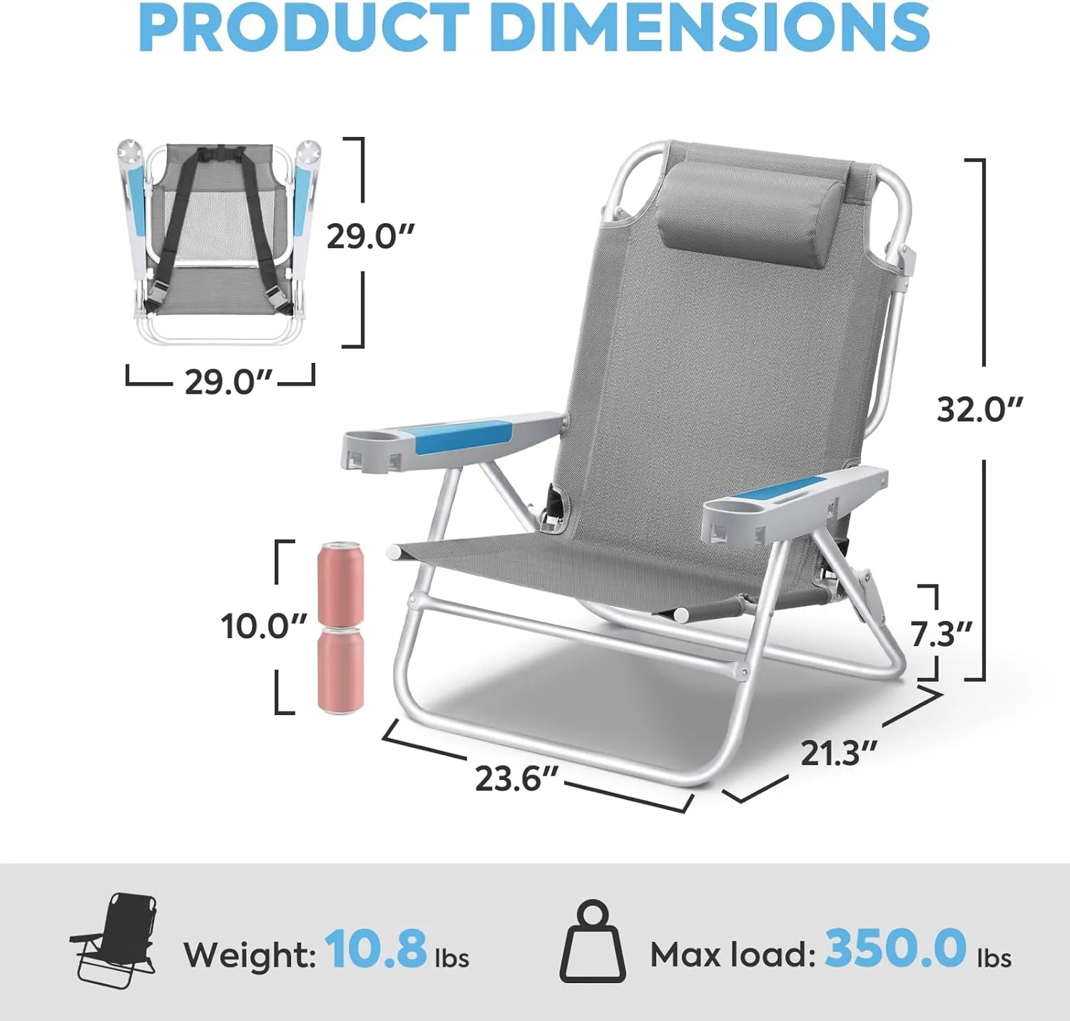 ICECO Backpacking Beach Chairs for Adults, 5 Positions Reclining Chair, Heavy Duty Folding Chairs, Portable Lay Flat Outdoor Chair with Cup Holder for Beach, Camping, Lawn, 350lb Capacity