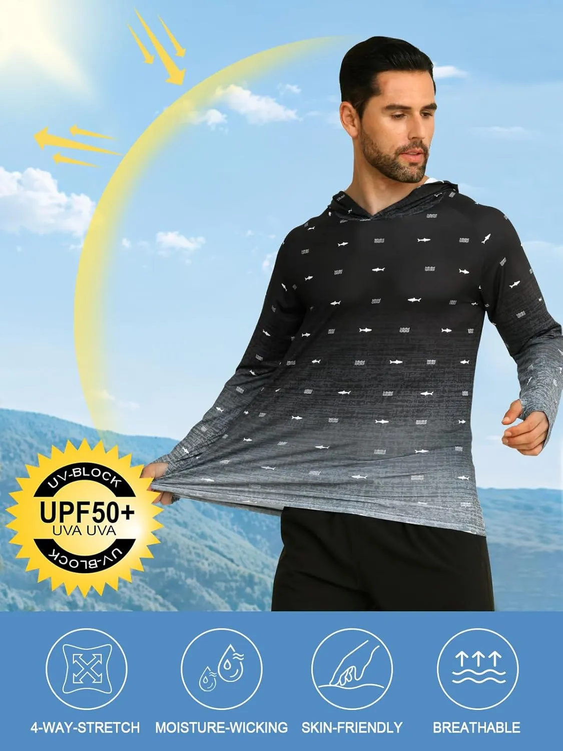 iCKER Men's UPF 50  Sun Protection Hoodie Shirt Rash Guard Long Sleeve Shirt UV Fishing Outdoor Hiking Swimming Running