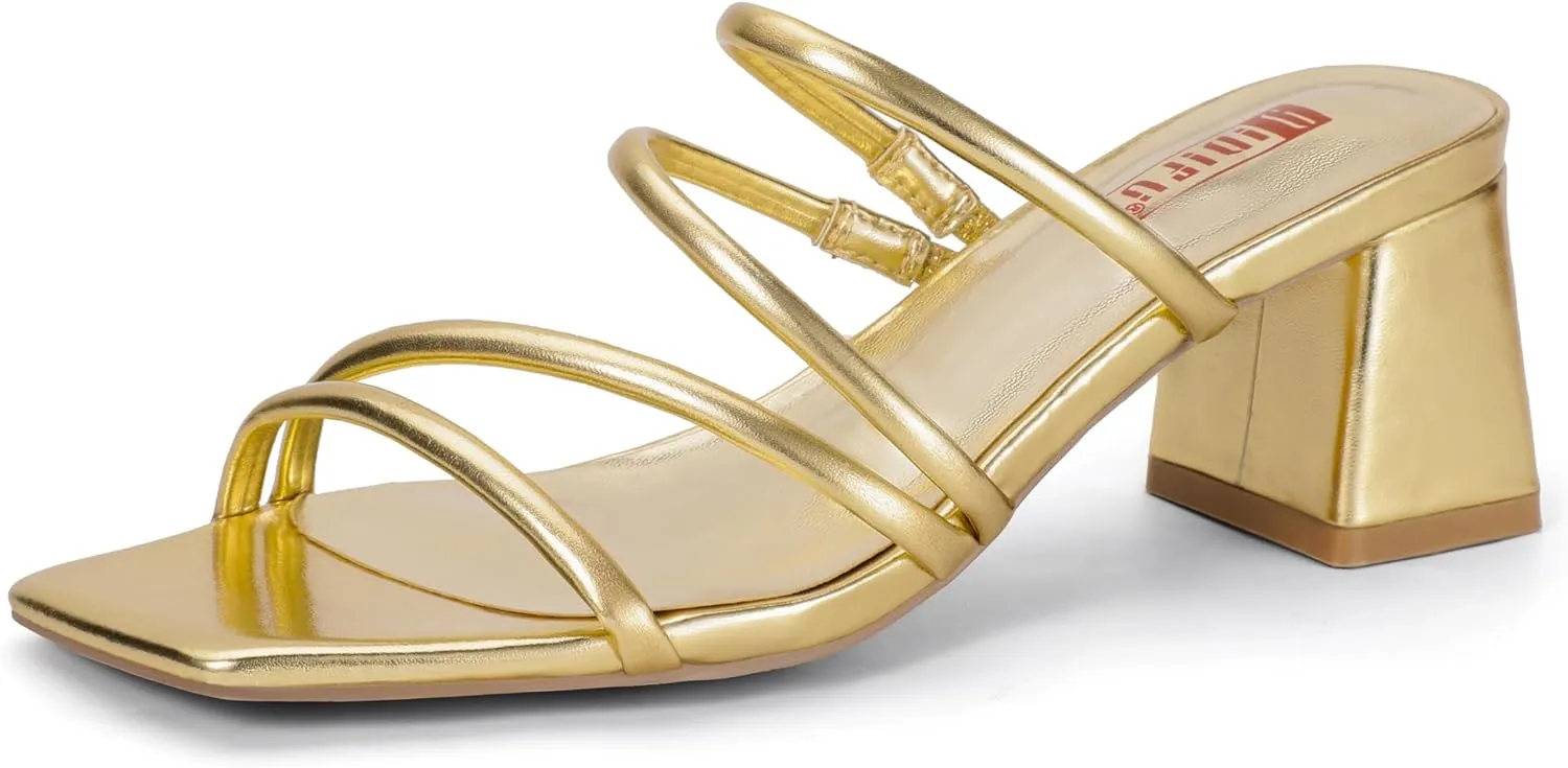 IDIFU IN2 Strappy Heels for Women Square Toe Low Chunky Block Heels Wedding Prom Slip On Dress Shoes for Bride Bridesmaid Comfortable Heeled Slide Sandals Slingback Short Mule Heels