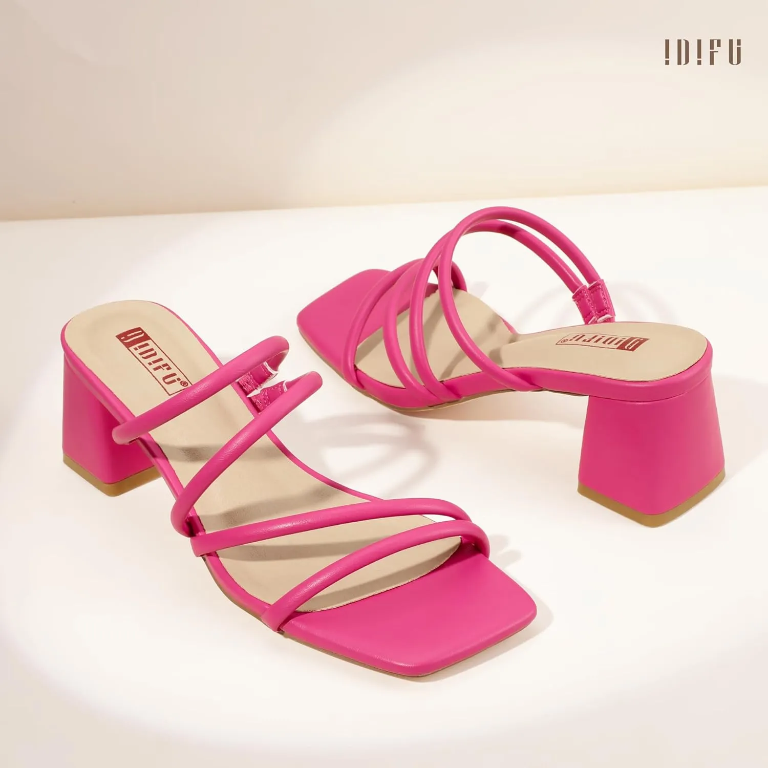 IDIFU IN2 Strappy Heels for Women Square Toe Low Chunky Block Heels Wedding Prom Slip On Dress Shoes for Bride Bridesmaid Comfortable Heeled Slide Sandals Slingback Short Mule Heels
