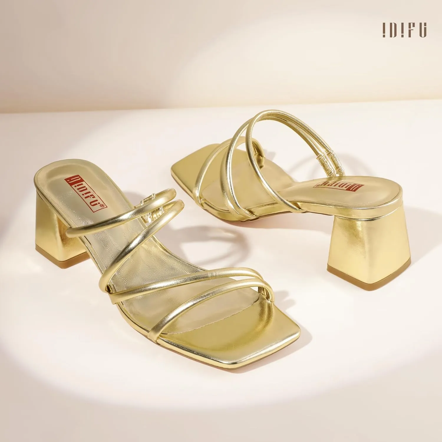 IDIFU IN2 Strappy Heels for Women Square Toe Low Chunky Block Heels Wedding Prom Slip On Dress Shoes for Bride Bridesmaid Comfortable Heeled Slide Sandals Slingback Short Mule Heels