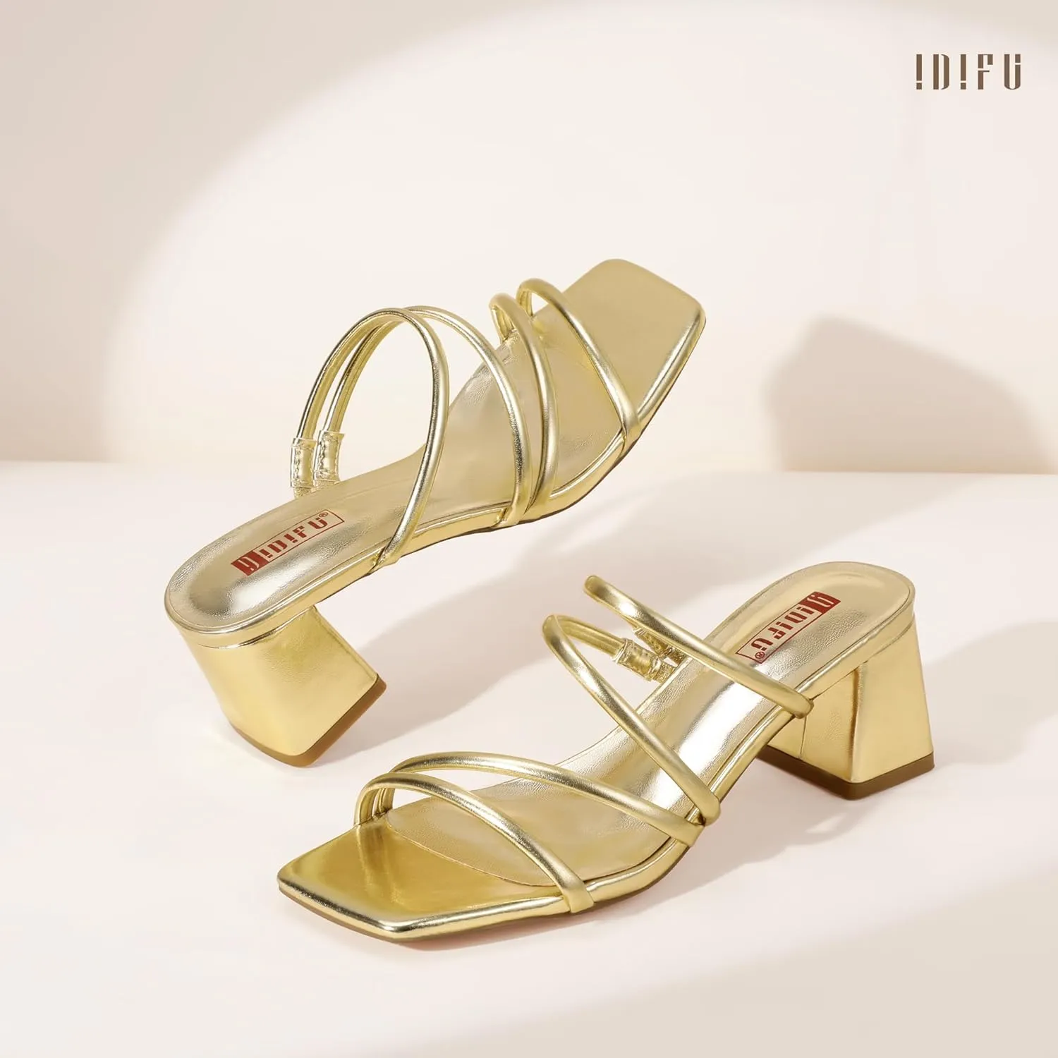 IDIFU IN2 Strappy Heels for Women Square Toe Low Chunky Block Heels Wedding Prom Slip On Dress Shoes for Bride Bridesmaid Comfortable Heeled Slide Sandals Slingback Short Mule Heels