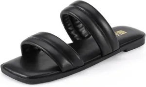 IDIFU Women's Flat Sandals for Women Square Open Toe Two Soft Band Slip On Summer Comfortable Dressy Slide Beach Casual Wedding Dress Sandals