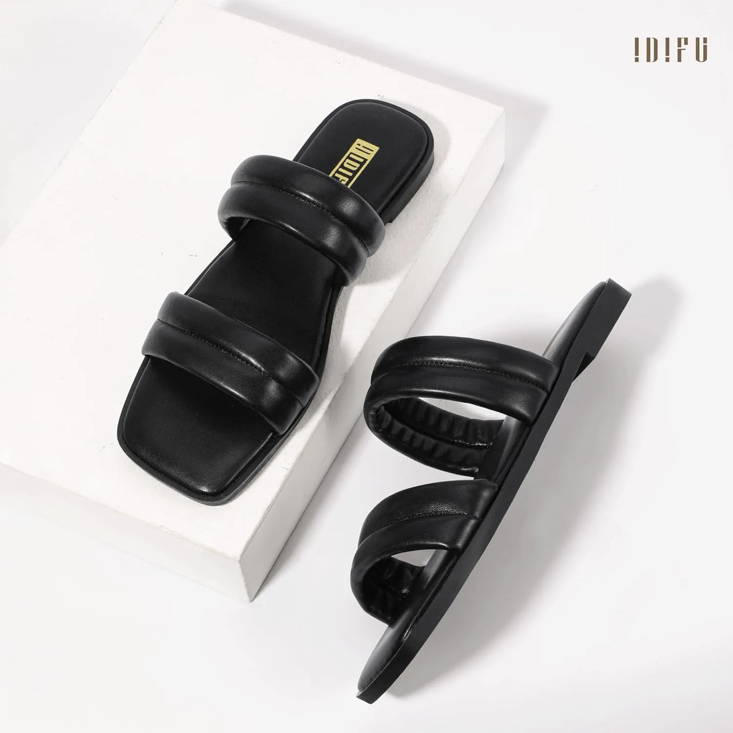 IDIFU Women's Flat Sandals for Women Square Open Toe Two Soft Band Slip On Summer Comfortable Dressy Slide Beach Casual Wedding Dress Sandals