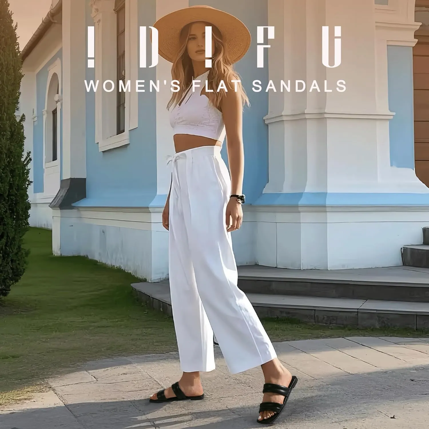 IDIFU Women's Flat Sandals for Women Square Open Toe Two Soft Band Slip On Summer Comfortable Dressy Slide Beach Casual Wedding Dress Sandals