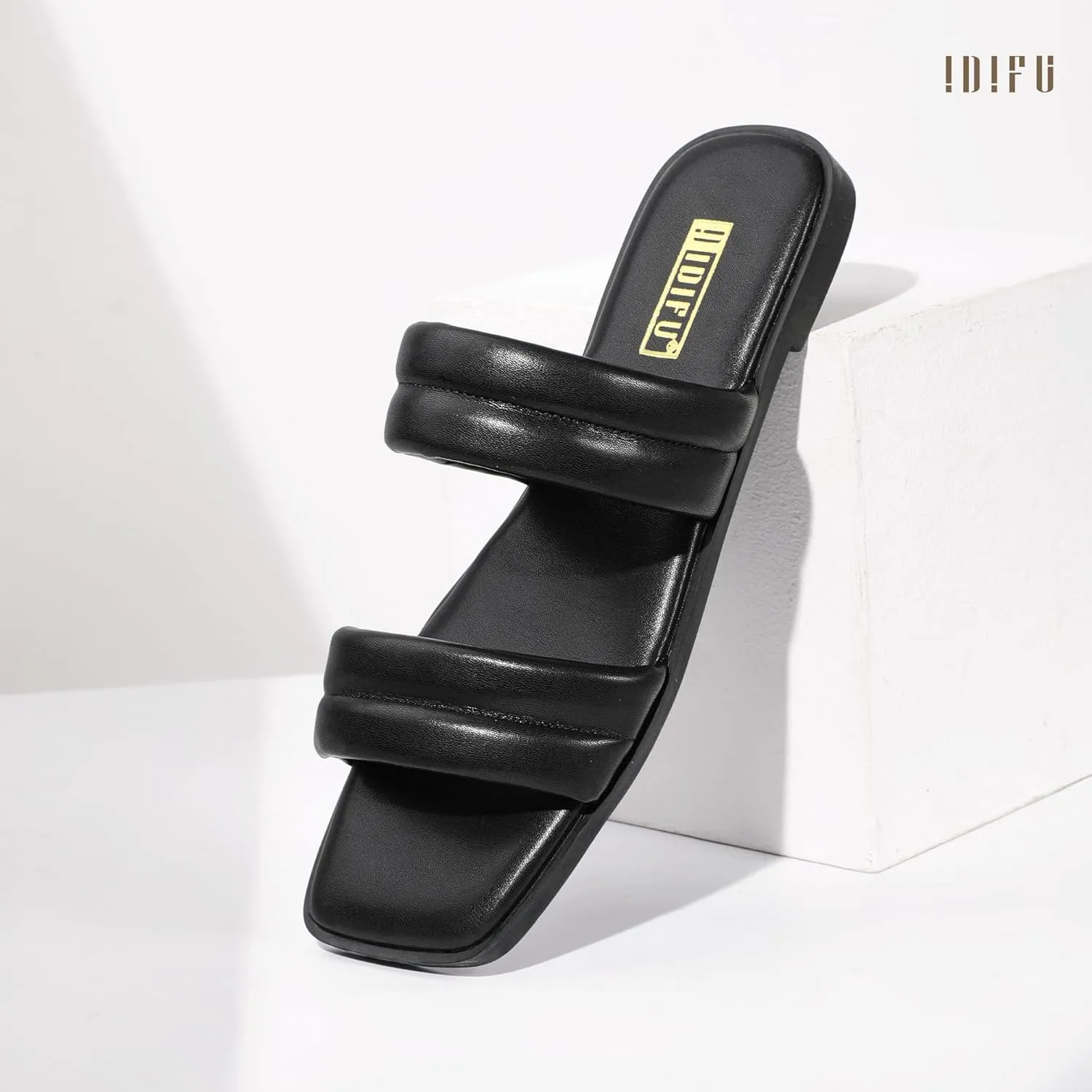 IDIFU Women's Flat Sandals for Women Square Open Toe Two Soft Band Slip On Summer Comfortable Dressy Slide Beach Casual Wedding Dress Sandals