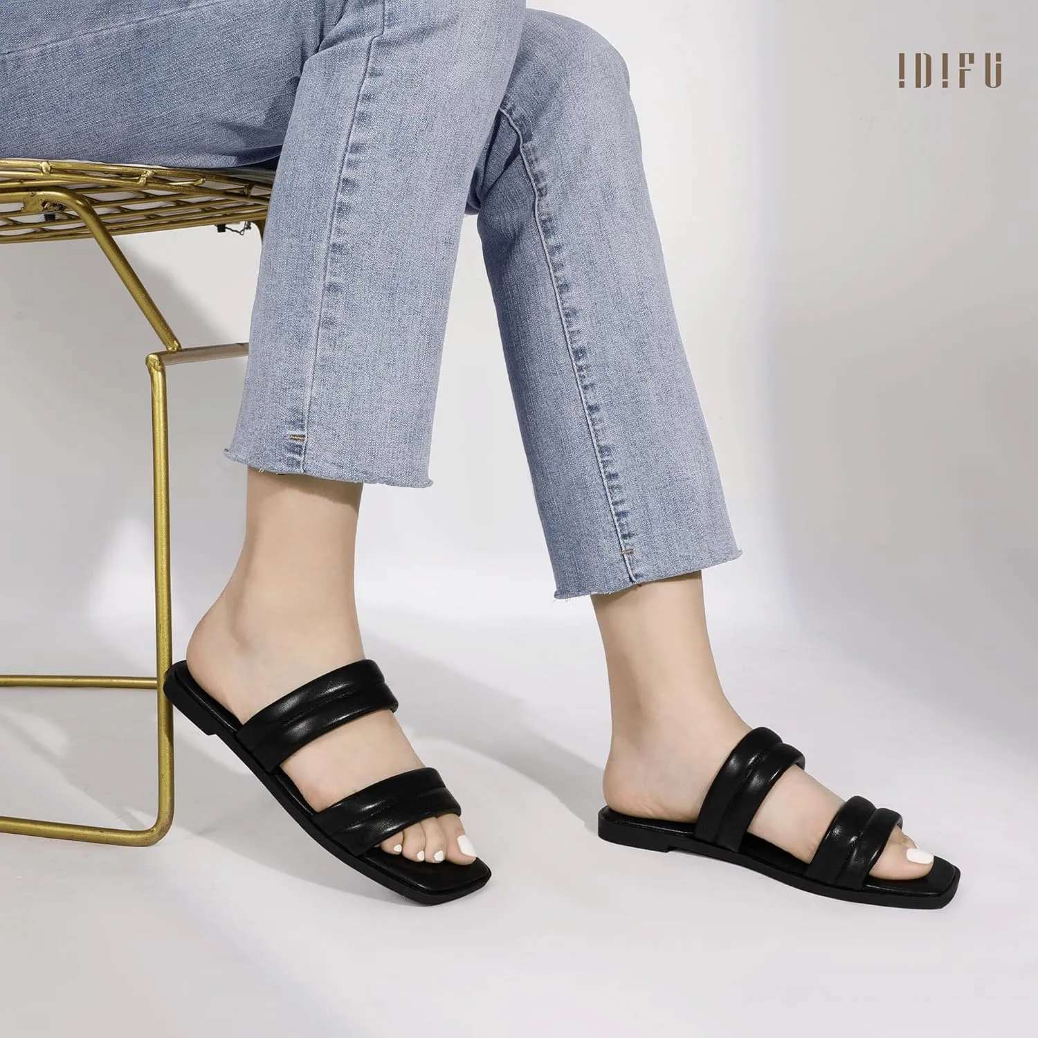 IDIFU Women's Flat Sandals for Women Square Open Toe Two Soft Band Slip On Summer Comfortable Dressy Slide Beach Casual Wedding Dress Sandals