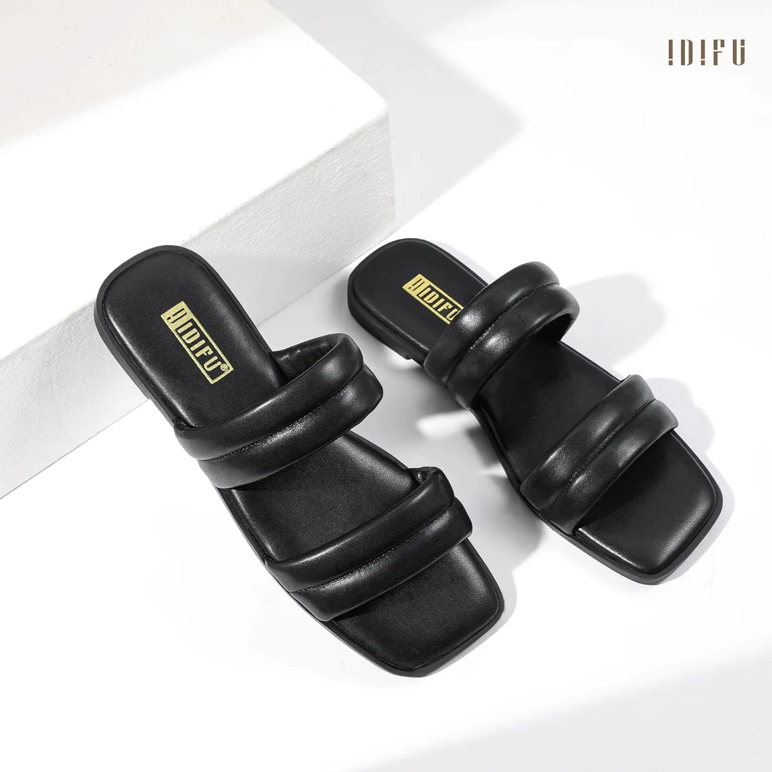 IDIFU Women's Flat Sandals for Women Square Open Toe Two Soft Band Slip On Summer Comfortable Dressy Slide Beach Casual Wedding Dress Sandals