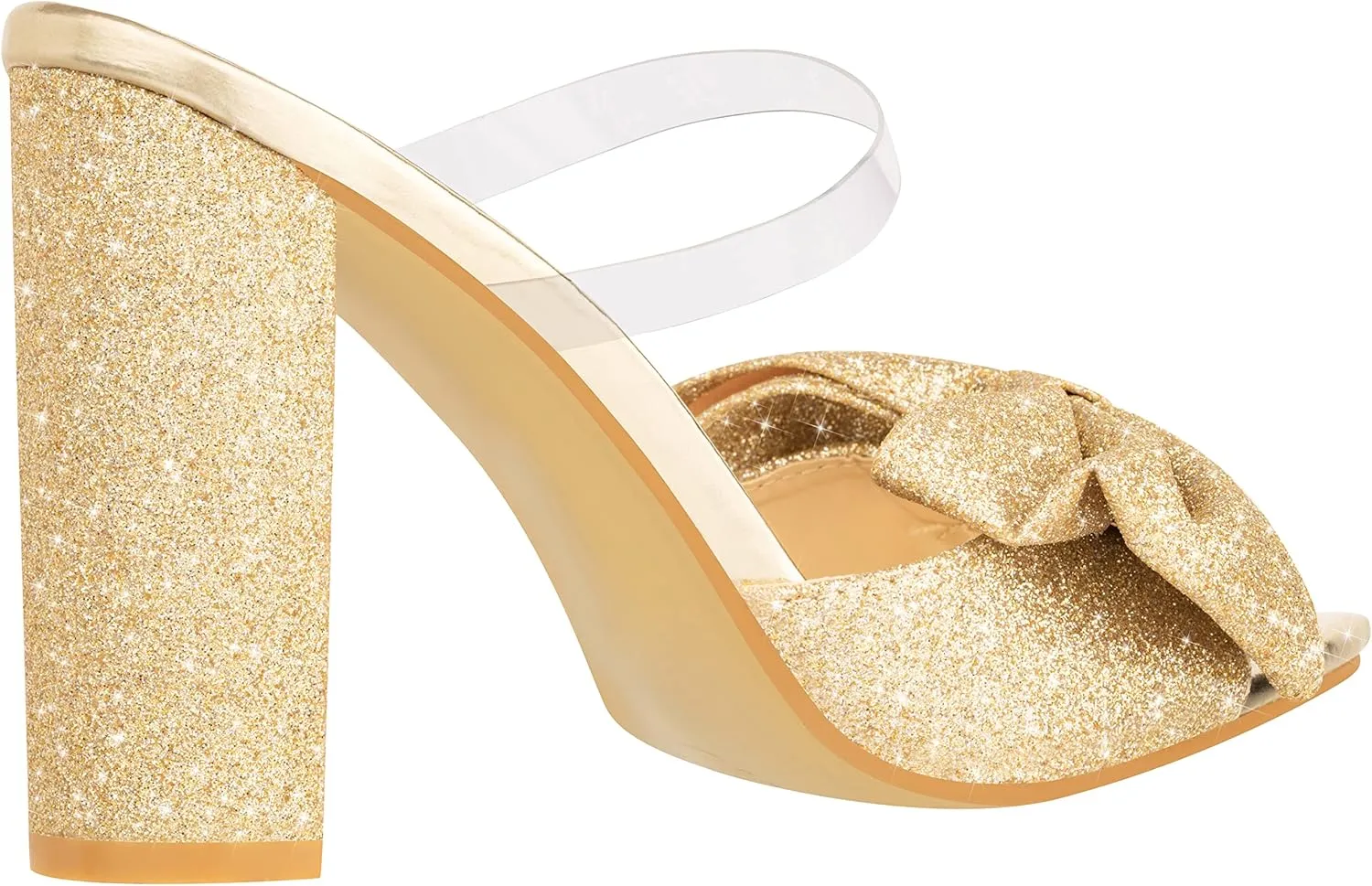 ILLUDE Women’s Chunky Block Heel with Bow Clear Pointed Toe Heeled Sandal Slip On Mule - Rosa