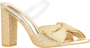 ILLUDE Women’s Chunky Block Heel with Bow Clear Pointed Toe Heeled Sandal Slip On Mule - Rosa