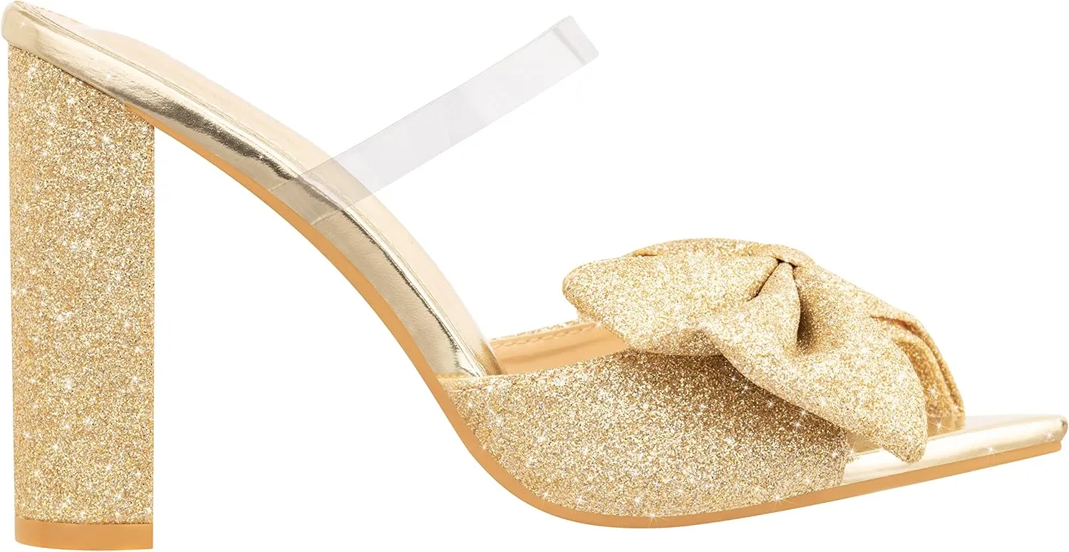 ILLUDE Women’s Chunky Block Heel with Bow Clear Pointed Toe Heeled Sandal Slip On Mule - Rosa