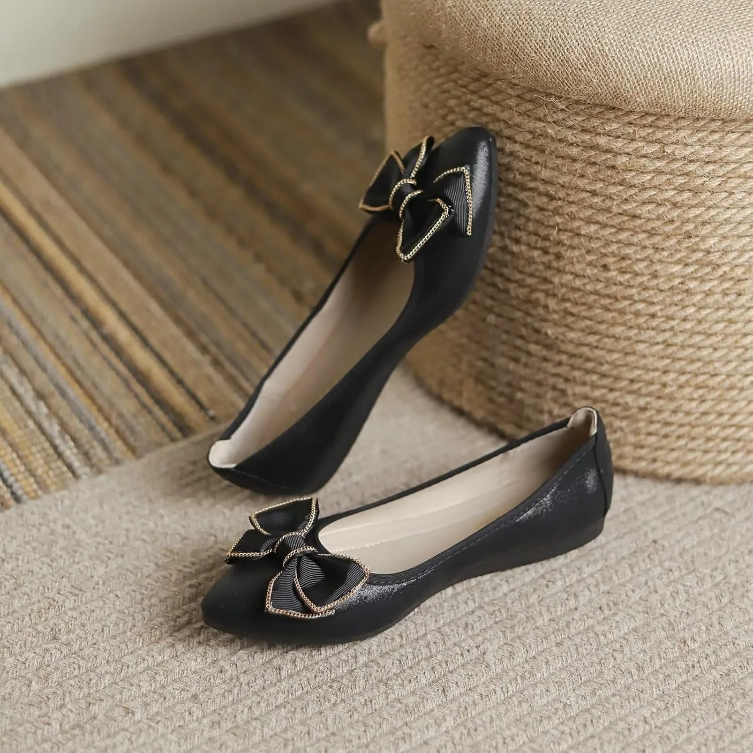 INEELUYI Women's Slip on Foldable Ballet Flats Bow Pointy Toe Comfortable Walking Flat Shoes