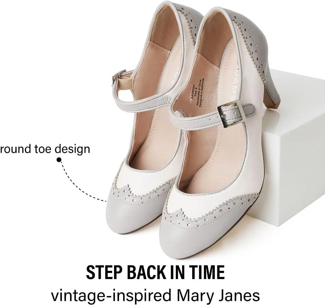 J. Adams Mary Jane Oxford Pumps - Cute Low Kitten Heels - Retro Round Toe Shoe with Ankle Strap - Kym