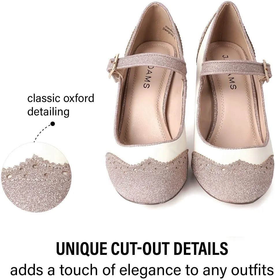 J. Adams Mary Jane Oxford Pumps - Cute Low Kitten Heels - Retro Round Toe Shoe with Ankle Strap - Kym