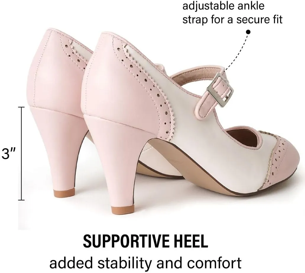 J. Adams Mary Jane Oxford Pumps - Cute Low Kitten Heels - Retro Round Toe Shoe with Ankle Strap - Kym