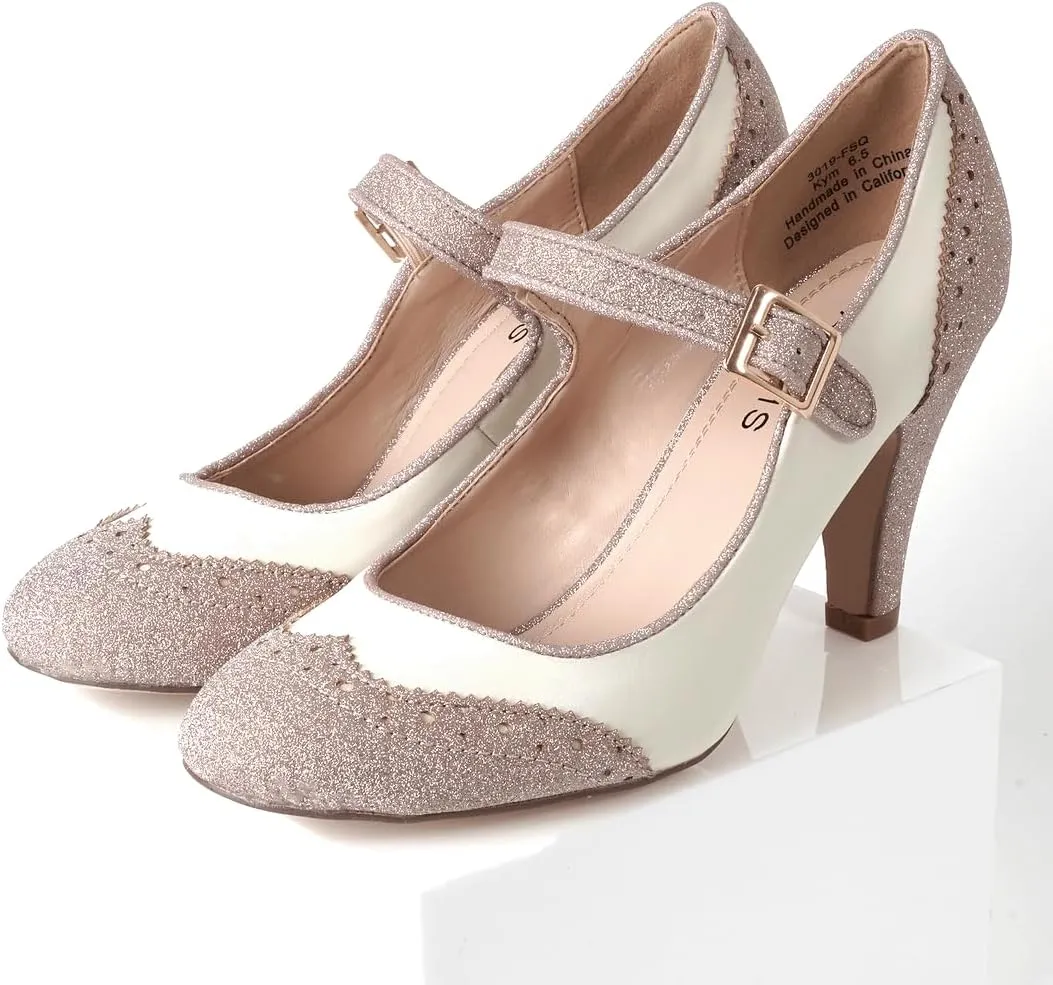 J. Adams Mary Jane Oxford Pumps - Cute Low Kitten Heels - Retro Round Toe Shoe with Ankle Strap - Kym