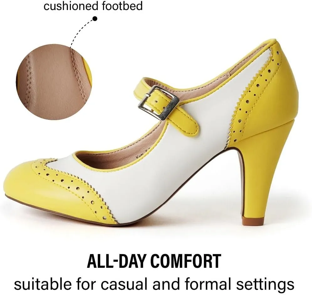 J. Adams Mary Jane Oxford Pumps - Cute Low Kitten Heels - Retro Round Toe Shoe with Ankle Strap - Kym