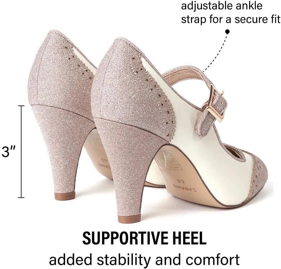 J. Adams Mary Jane Oxford Pumps - Cute Low Kitten Heels - Retro Round Toe Shoe with Ankle Strap - Kym