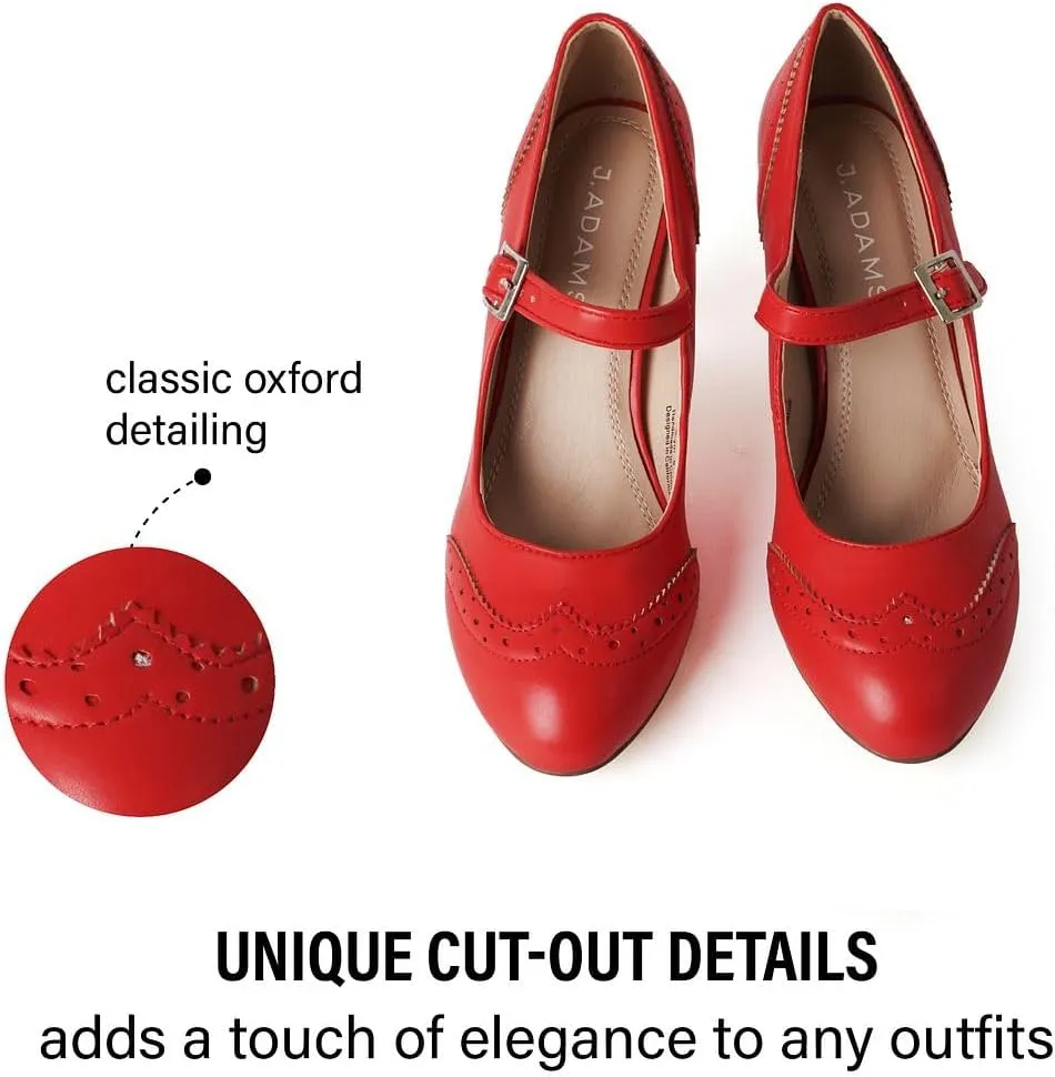 J. Adams Mary Jane Oxford Pumps - Cute Low Kitten Heels - Retro Round Toe Shoe with Ankle Strap - Kym