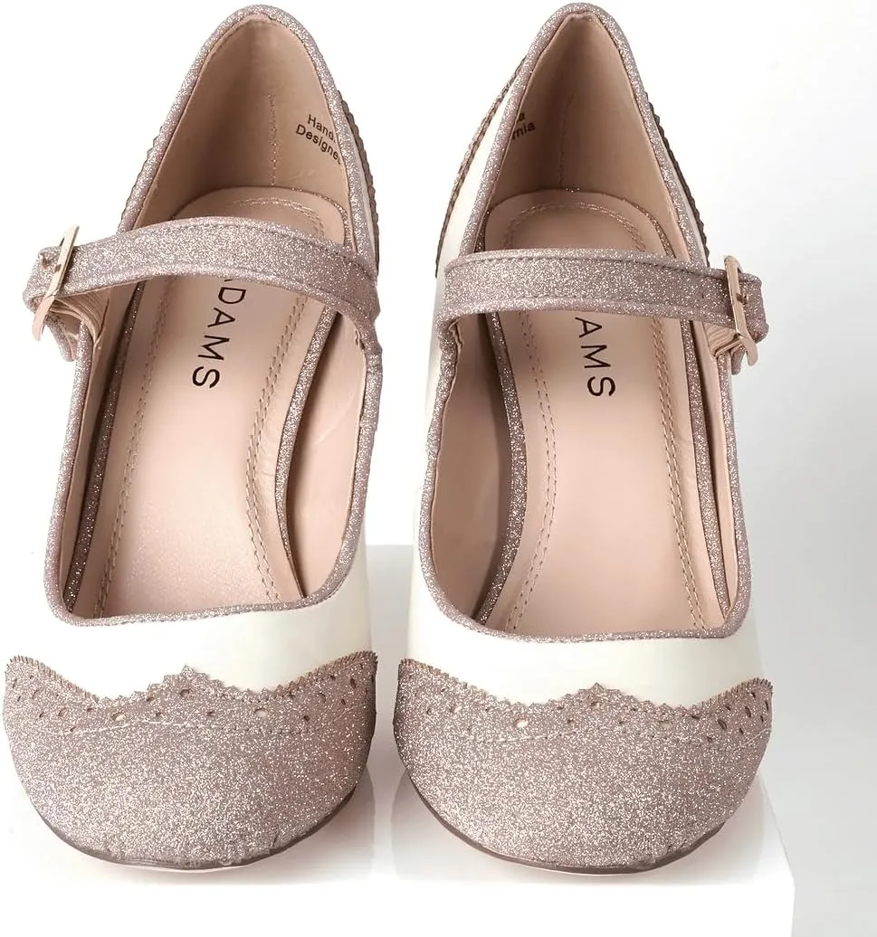 J. Adams Mary Jane Oxford Pumps - Cute Low Kitten Heels - Retro Round Toe Shoe with Ankle Strap - Kym