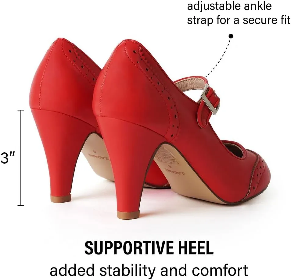 J. Adams Mary Jane Oxford Pumps - Cute Low Kitten Heels - Retro Round Toe Shoe with Ankle Strap - Kym