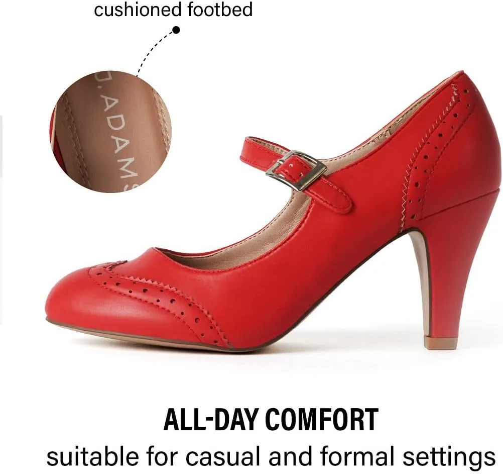 J. Adams Mary Jane Oxford Pumps - Cute Low Kitten Heels - Retro Round Toe Shoe with Ankle Strap - Kym