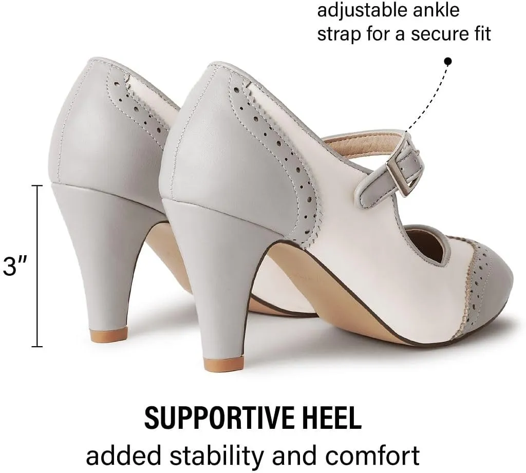J. Adams Mary Jane Oxford Pumps - Cute Low Kitten Heels - Retro Round Toe Shoe with Ankle Strap - Kym
