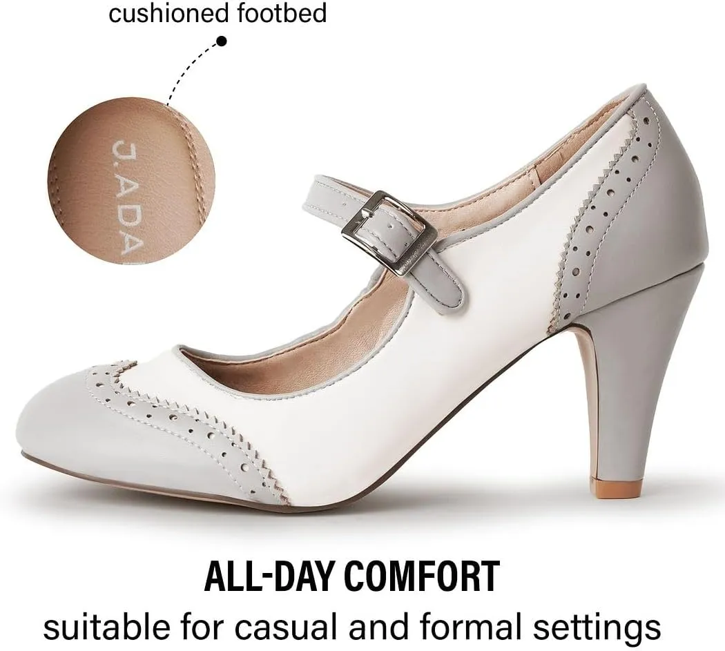 J. Adams Mary Jane Oxford Pumps - Cute Low Kitten Heels - Retro Round Toe Shoe with Ankle Strap - Kym