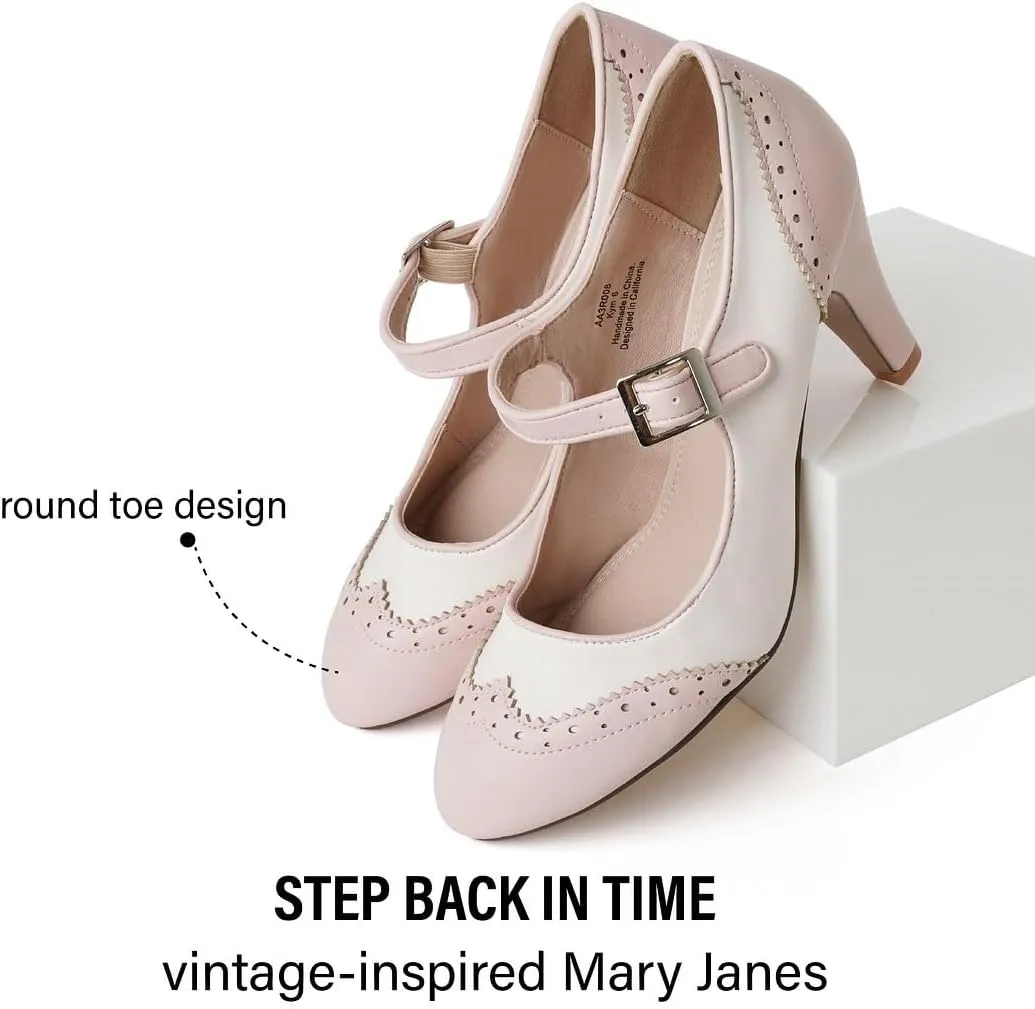 J. Adams Mary Jane Oxford Pumps - Cute Low Kitten Heels - Retro Round Toe Shoe with Ankle Strap - Kym