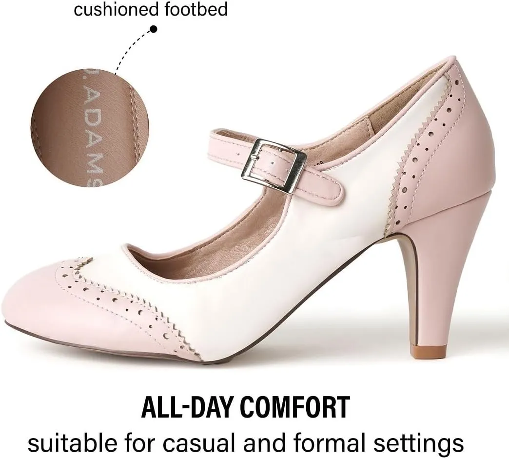 J. Adams Mary Jane Oxford Pumps - Cute Low Kitten Heels - Retro Round Toe Shoe with Ankle Strap - Kym