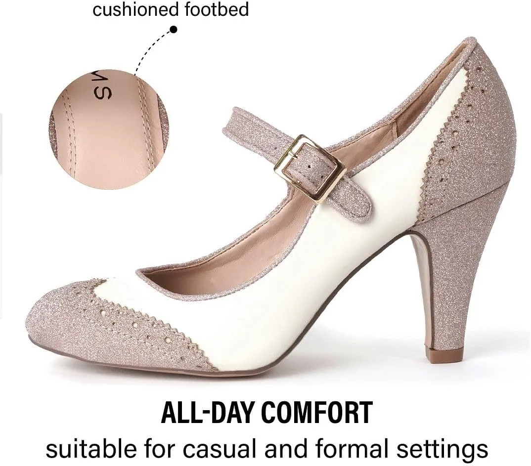 J. Adams Mary Jane Oxford Pumps - Cute Low Kitten Heels - Retro Round Toe Shoe with Ankle Strap - Kym