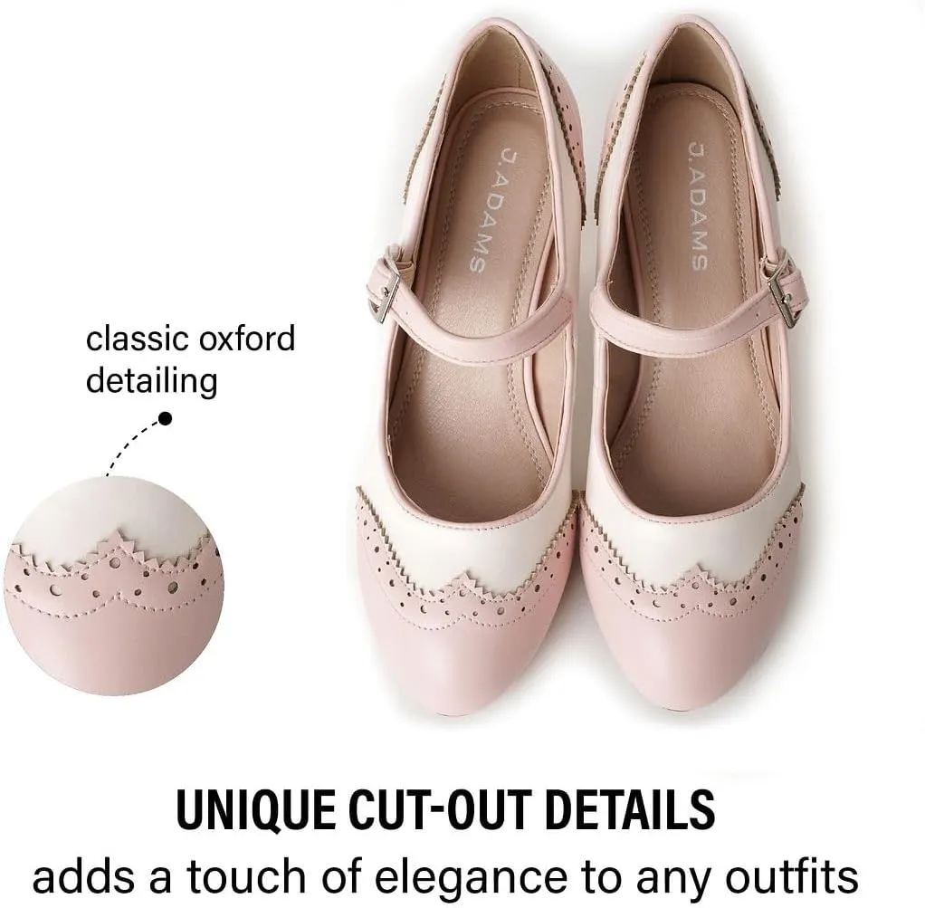 J. Adams Mary Jane Oxford Pumps - Cute Low Kitten Heels - Retro Round Toe Shoe with Ankle Strap - Kym