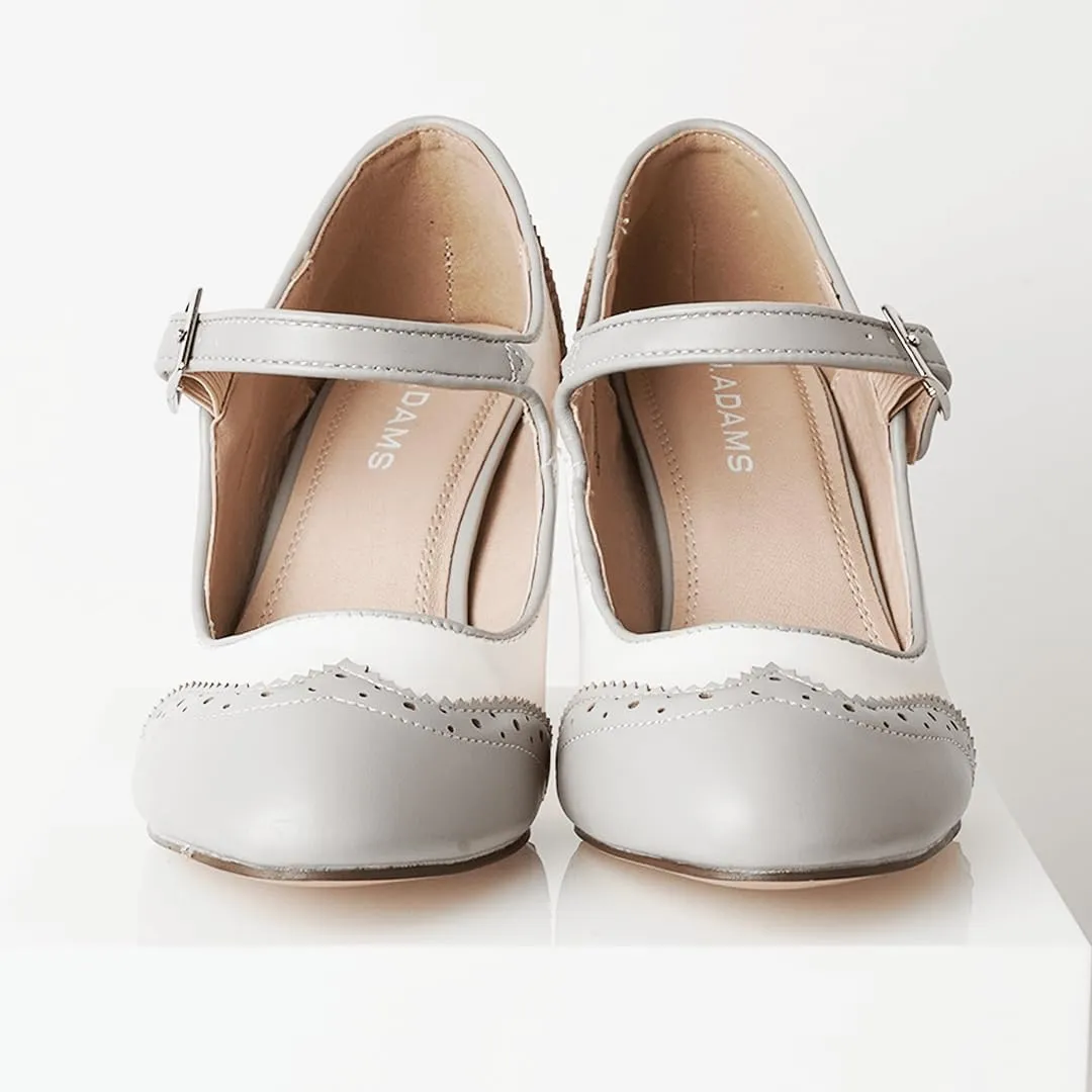 J. Adams Mary Jane Oxford Pumps - Cute Low Kitten Heels - Retro Round Toe Shoe with Ankle Strap - Kym