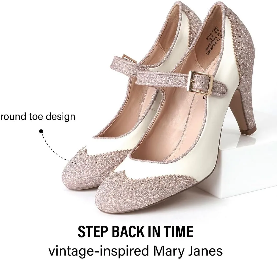 J. Adams Mary Jane Oxford Pumps - Cute Low Kitten Heels - Retro Round Toe Shoe with Ankle Strap - Kym