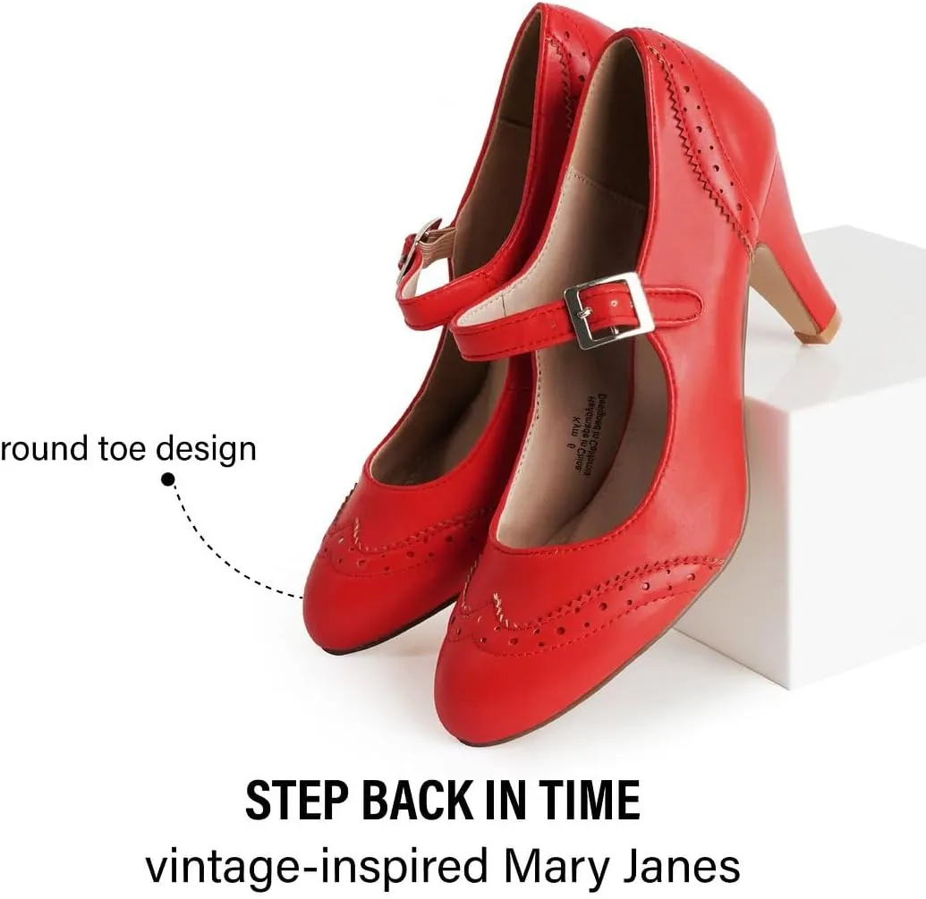 J. Adams Mary Jane Oxford Pumps - Cute Low Kitten Heels - Retro Round Toe Shoe with Ankle Strap - Kym