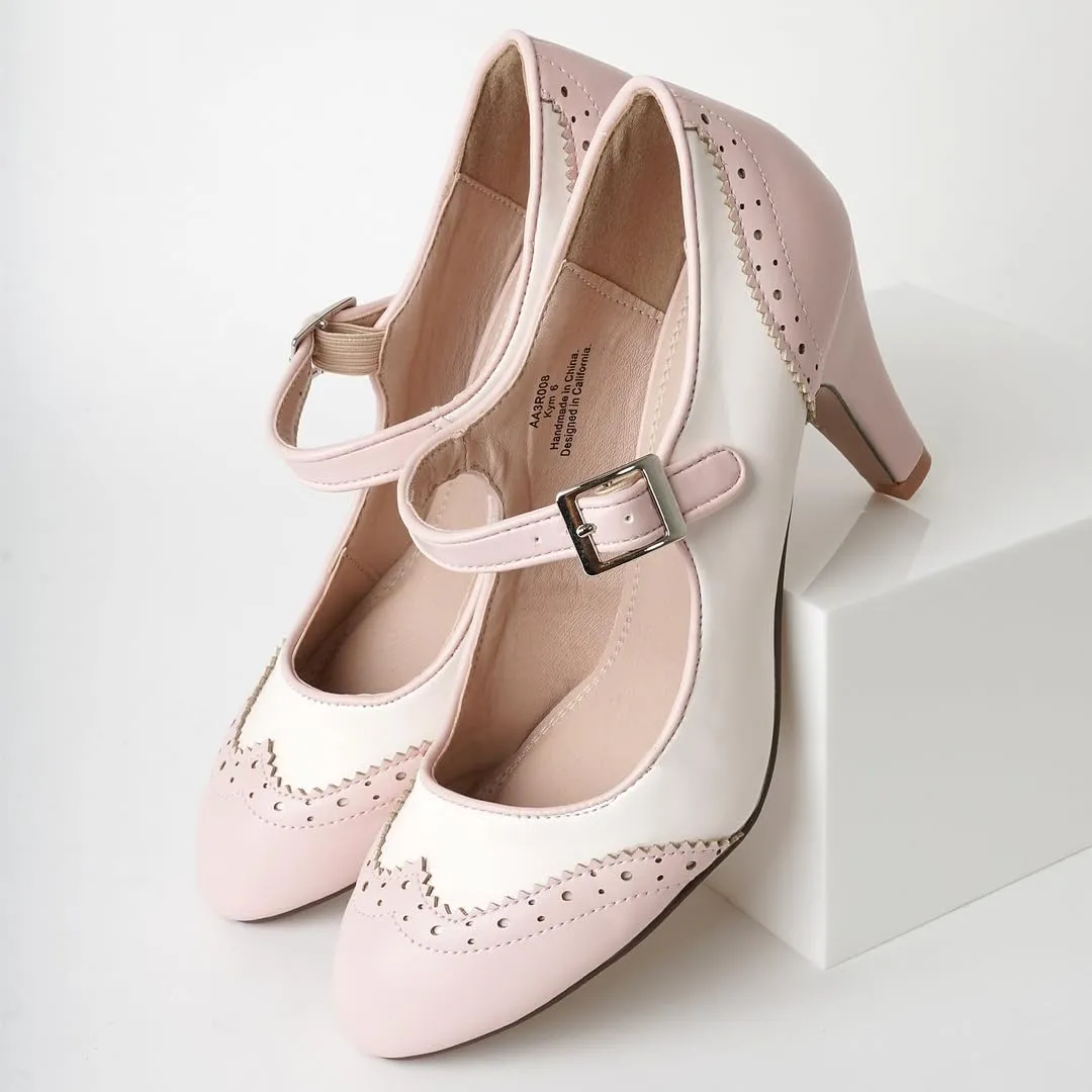 J. Adams Mary Jane Oxford Pumps - Cute Low Kitten Heels - Retro Round Toe Shoe with Ankle Strap - Kym