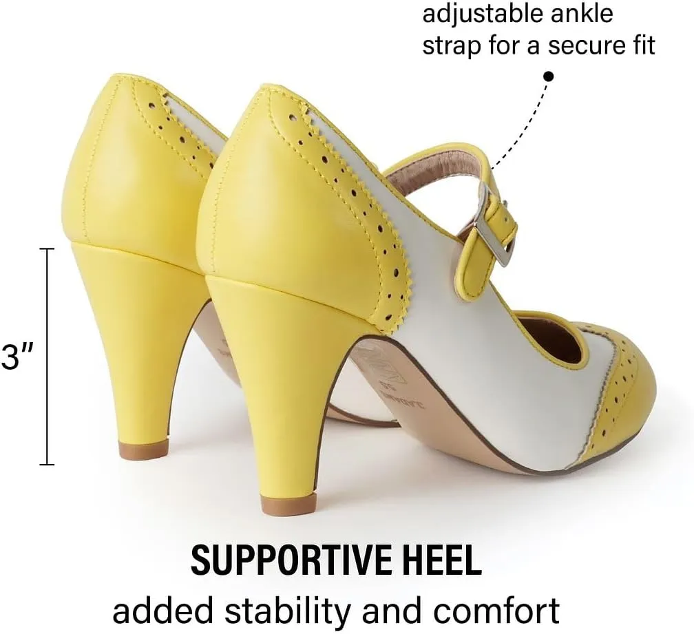 J. Adams Mary Jane Oxford Pumps - Cute Low Kitten Heels - Retro Round Toe Shoe with Ankle Strap - Kym