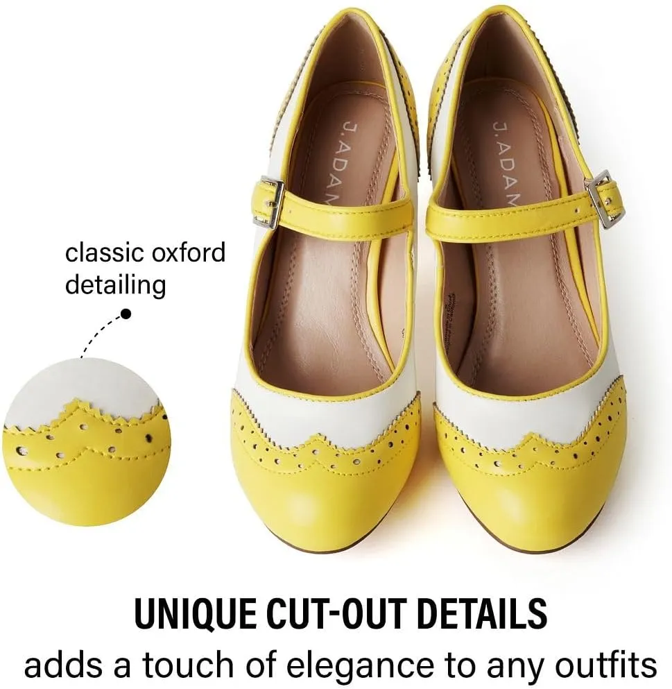 J. Adams Mary Jane Oxford Pumps - Cute Low Kitten Heels - Retro Round Toe Shoe with Ankle Strap - Kym