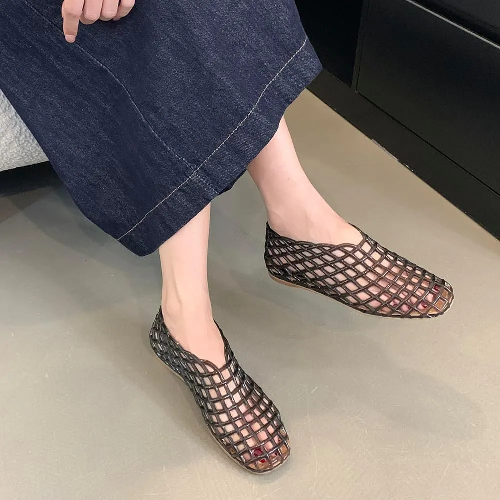 Jelly Mesh Ballet Flats for Women Jelly Shoes Women 2025 Newly Adult Clear Hollow Jelly Flat Sandals Lightweight Breathable Summer Beach Ballerina