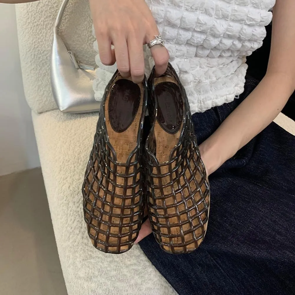 Jelly Mesh Ballet Flats for Women Jelly Shoes Women 2025 Newly Adult Clear Hollow Jelly Flat Sandals Lightweight Breathable Summer Beach Ballerina